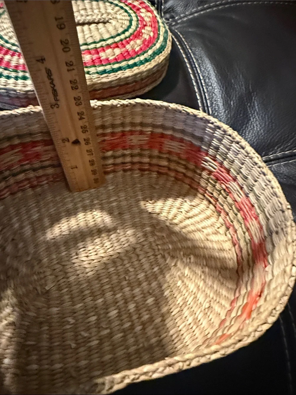 Handwoven Oval Straw Basket with Red and Green Accents